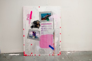 Feminist (Live Combine II), 2014, foil, tape, acrylic, spray, paper, marker, chain on wood, 120 x 70 x (X)